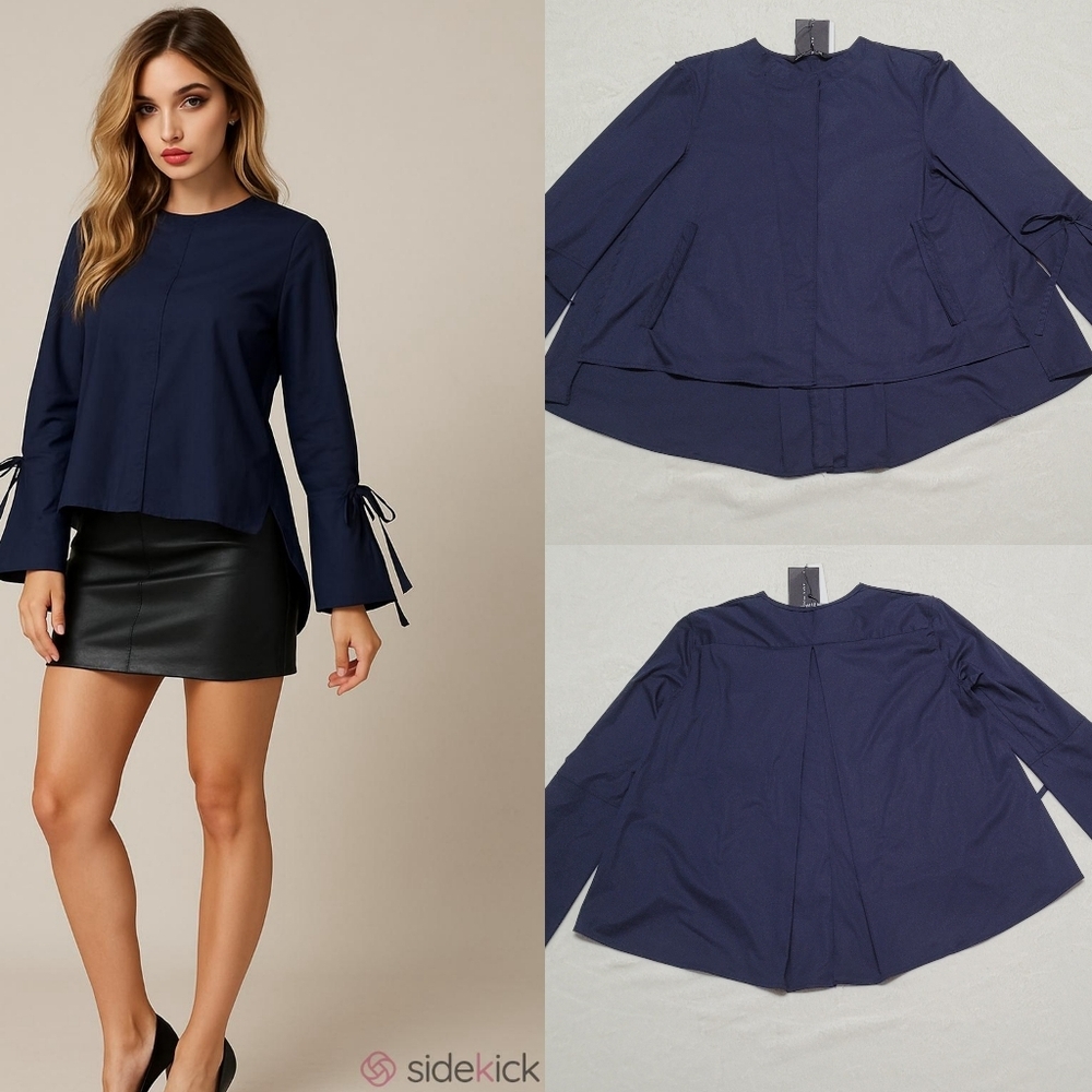 Rare Zara Woman Navy Blue Flared Bow Sleeve Hi-low Loose Fit Poplin Blouse S NWT